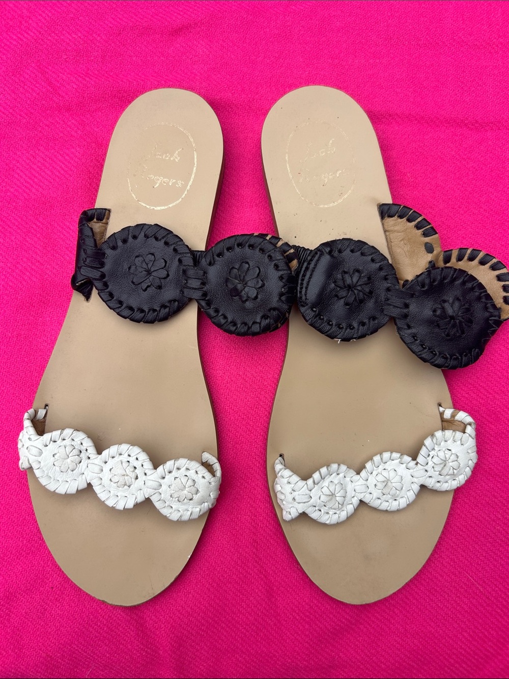 Jack Rogers Two-Tone Black and White Whipstitch Medallion Slide Sandals